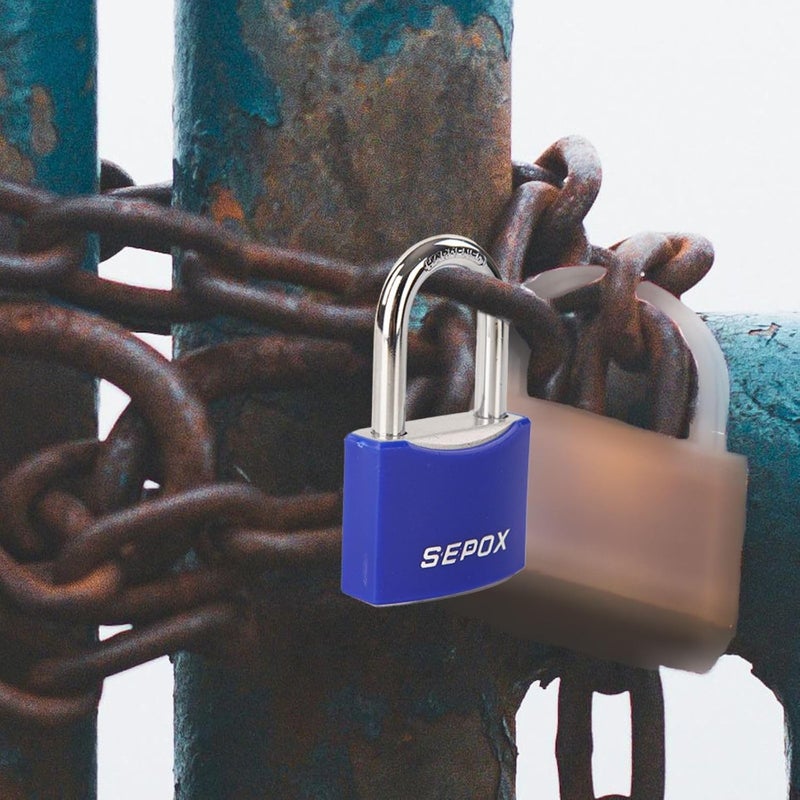 SEPOX ® 3 Pcs 2" Large Padlock All-Weather Outdoor Pad Locks Keyed Alike, Long Shackle, Solid Steel Lock, Heavy-Duty with Blue Cover, for Gate Fence Cabinet Toolbox School Gym Locker, 3pcs Same Key - Image 4
